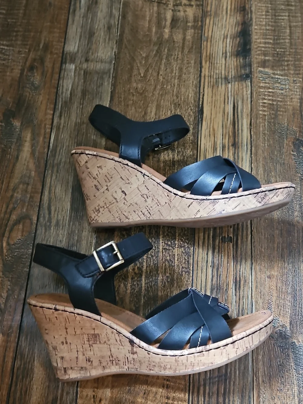 b.o.c Black‎ Leather Women's Cork Wedge Sandals - Ankle Strap Slingback